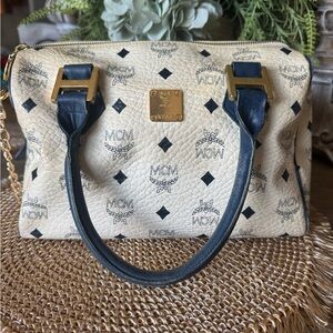 MCM Beige Visetos Satchel with Navy Leather Handles & Gold Hardware
